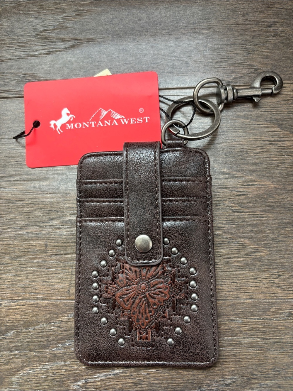Montana West 4 card slot,clasp hook/key chain,studs,floral embossed,Western,slim